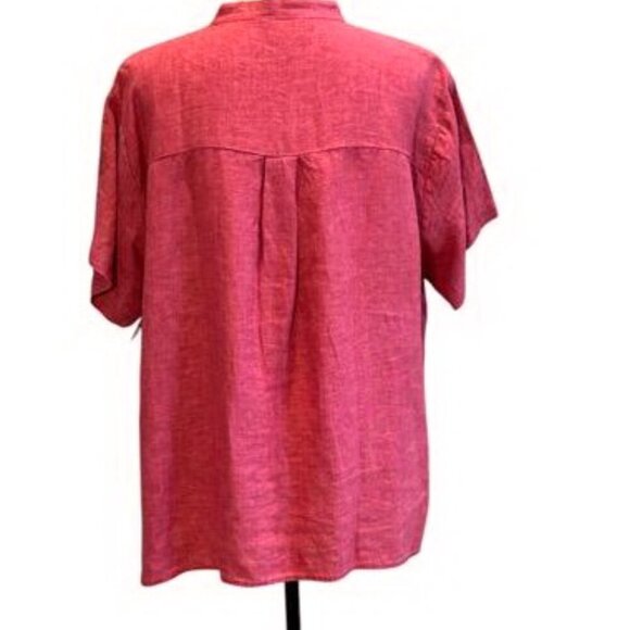 Eileen Fisher Red Organic Linen Banded Collar Short Sleeve Top - Picture 2 of 2